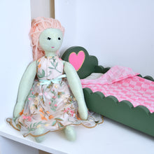 Load image into Gallery viewer, Green Scalloped Doll Bed with Heart Headboard