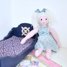 Load image into Gallery viewer, Blue Sleigh Doll Bed with Quilt Block Headboard