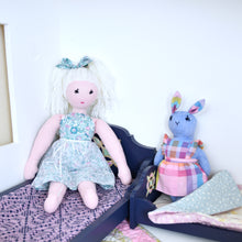 Load image into Gallery viewer, Blue Sleigh Doll Bed with Quilt Block Headboard