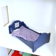 Load image into Gallery viewer, Blue Sleigh Doll Bed with Quilt Block Headboard