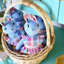 Load image into Gallery viewer, Fanny Bunny Heirloom Doll Blue Linen Rabbit Doll in Vintage Seersucker Fabric Pinafore Dress with Embroidered Face Cloth Doll Art Animal