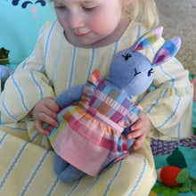 Load image into Gallery viewer, Fanny Bunny Heirloom Doll Blue Linen Rabbit Doll in Vintage Seersucker Fabric Pinafore Dress with Embroidered Face Cloth Doll Art Animal