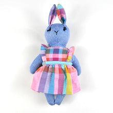 Load image into Gallery viewer, Fanny Bunny Heirloom Doll Blue Linen Rabbit Doll in Vintage Seersucker Fabric Pinafore Dress with Embroidered Face Cloth Doll Art Animal