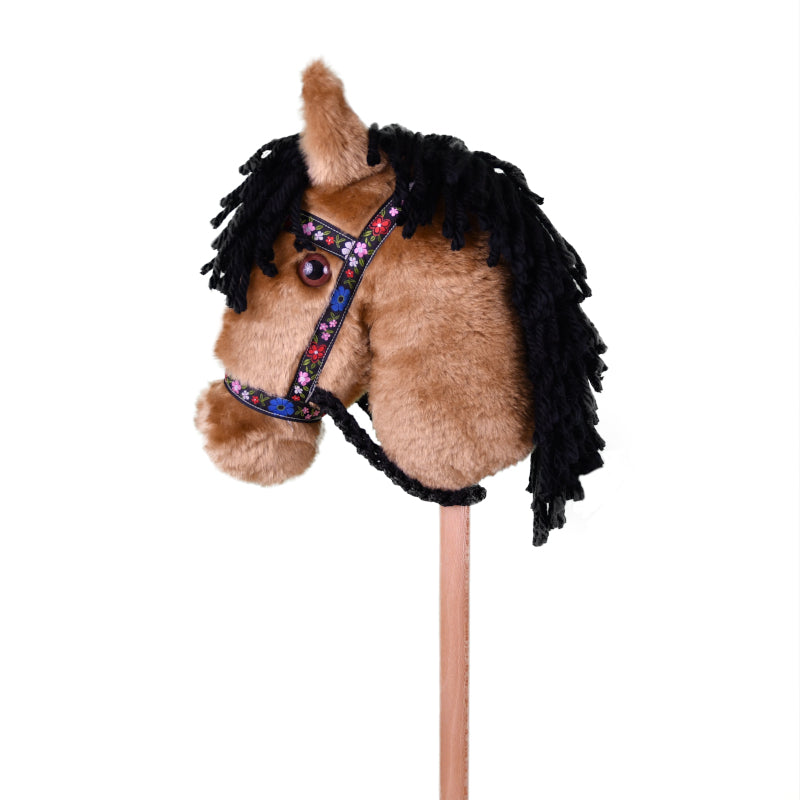 Prairie Ponies - Buckskin Stick Horse with Black Floral Halter -Stick Pony- Hobby Horse