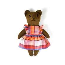 Load image into Gallery viewer, Evelyn Heirloom Doll Linen Bear Doll in Vintage Plaid Fabric Pinafore Dress with Embroidered Face Cloth Doll Art Animal
