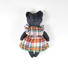 Load image into Gallery viewer, Sandy Heirloom Doll Denim Bear Doll in Vintage Plaid Fabric Pinafore Dress with Embroidered Face Cloth Doll Art Animal
