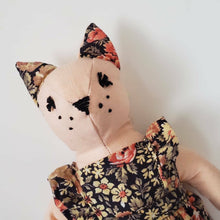 Load image into Gallery viewer, Felicity Cat Heirloom Doll Pink Linen Cat Doll in Vintage Floral Fabric Pinafore Dress with Embroidered Face Cloth Doll Art Doll Animal Doll