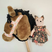 Load image into Gallery viewer, Felicity Cat Heirloom Doll Pink Linen Cat Doll in Vintage Floral Fabric Pinafore Dress with Embroidered Face Cloth Doll Art Doll Animal Doll