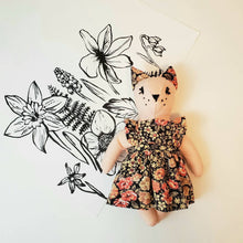 Load image into Gallery viewer, Felicity Cat Heirloom Doll Pink Linen Cat Doll in Vintage Floral Fabric Pinafore Dress with Embroidered Face Cloth Doll Art Doll Animal Doll