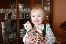 Load image into Gallery viewer, Felicity Cat Heirloom Doll Pink Linen Cat Doll in Vintage Floral Fabric Pinafore Dress with Embroidered Face Cloth Doll Art Doll Animal Doll