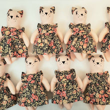 Load image into Gallery viewer, Felicity Cat Heirloom Doll Pink Linen Cat Doll in Vintage Floral Fabric Pinafore Dress with Embroidered Face Cloth Doll Art Doll Animal Doll
