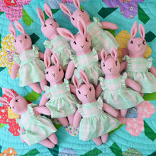 Load image into Gallery viewer, Annabelle Bunny Heirloom Doll - Pink Linen Rabbit Doll in Vintage Plaid Fabric Pinafore Dress with Embroidered Face - Cloth Art Animal Doll