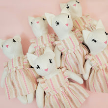 Load image into Gallery viewer, Eliza Cat Heirloom Doll - Linen Cat Doll in Vintage Fabric Pinafore Dress with Embroidered Face - Cloth Art Animal Doll