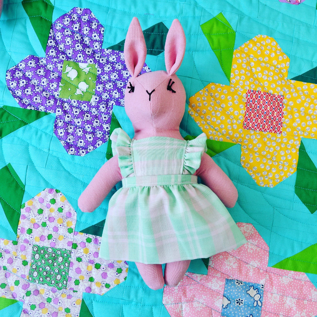 Annabelle Bunny Heirloom Doll - Pink Linen Rabbit Doll in Vintage Plaid Fabric Pinafore Dress with Embroidered Face - Cloth Art Animal Doll