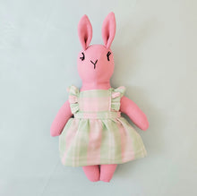 Load image into Gallery viewer, Annabelle Bunny Heirloom Doll - Pink Linen Rabbit Doll in Vintage Plaid Fabric Pinafore Dress with Embroidered Face - Cloth Art Animal Doll
