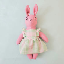 Load image into Gallery viewer, Annabelle Bunny Heirloom Doll - Pink Linen Rabbit Doll in Vintage Plaid Fabric Pinafore Dress with Embroidered Face - Cloth Art Animal Doll