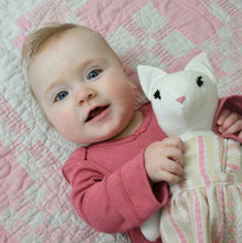 Load image into Gallery viewer, Eliza Cat Heirloom Doll - Linen Cat Doll in Vintage Fabric Pinafore Dress with Embroidered Face - Cloth Art Animal Doll