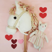 Load image into Gallery viewer, Eliza Cat Heirloom Doll - Linen Cat Doll in Vintage Fabric Pinafore Dress with Embroidered Face - Cloth Art Animal Doll