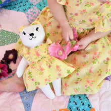 Load image into Gallery viewer, Bernice Bear Heirloom Doll White Linen Bear Doll in Vintage Yellow Floral Fabric Pinafore Dress with Embroidered Face Cloth Doll Art Animal