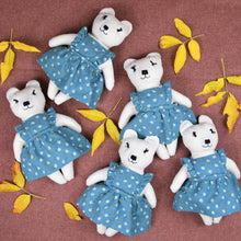 Load image into Gallery viewer, Maggie Bear Heirloom Doll White Linen Bear Doll in Vintage Blue Floral Fabric Pinafore Dress with Embroidered Face Cloth Doll Art Animal