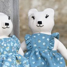 Load image into Gallery viewer, Maggie Bear Heirloom Doll White Linen Bear Doll in Vintage Blue Floral Fabric Pinafore Dress with Embroidered Face Cloth Doll Art Animal