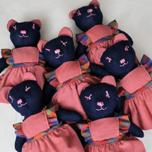 Load image into Gallery viewer, Anna Bear Heirloom Doll Navy Linen Bear Doll in Vintage Red Chambray Fabric Pinafore Dress with Embroidered Face Cloth Doll Art Animal