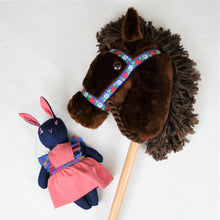 Load image into Gallery viewer, Emma Bunny Heirloom Doll Navy Linen Rabbit Doll in Vintage Red Chambray Fabric Pinafore Dress with Embroidered Face Cloth Doll Art Animal