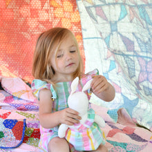 Load image into Gallery viewer, Alice Bunny Heirloom Doll White Linen Rabbit Doll in Vintage Seersucker Fabric Pinafore Dress with Embroidered Face Cloth Doll Art Animal