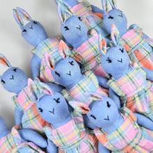 Load image into Gallery viewer, Gracie Bunny Heirloom Doll Blue Linen Rabbit Doll in Vintage Seersucker Fabric Pinafore Dress with Embroidered Face Cloth Doll Art Animal
