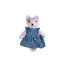 Load image into Gallery viewer, Maggie Bear Heirloom Doll White Linen Bear Doll in Vintage Blue Floral Fabric Pinafore Dress with Embroidered Face Cloth Doll Art Animal