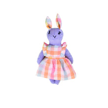 Load image into Gallery viewer, Gemma Bunny Heirloom Doll Purple Linen Rabbit Doll in Vintage Fabric Pinafore Dress with Embroidered Face Cloth Doll Art Animal