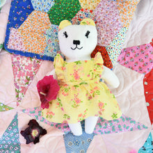 Load image into Gallery viewer, Bernice Bear Heirloom Doll White Linen Bear Doll in Vintage Yellow Floral Fabric Pinafore Dress with Embroidered Face Cloth Doll Art Animal