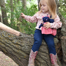 Load image into Gallery viewer, Anna Bear Heirloom Doll Navy Linen Bear Doll in Vintage Red Chambray Fabric Pinafore Dress with Embroidered Face Cloth Doll Art Animal