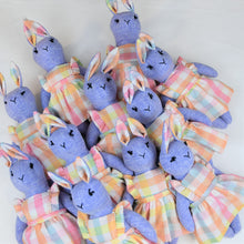 Load image into Gallery viewer, Gemma Bunny Heirloom Doll Purple Linen Rabbit Doll in Vintage Fabric Pinafore Dress with Embroidered Face Cloth Doll Art Animal