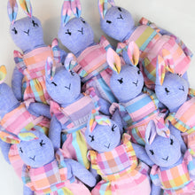 Load image into Gallery viewer, Lucy Bunny Heirloom Doll Purple Linen Rabbit Doll in Vintage Seersucker Fabric Pinafore Dress with Embroidered Face Cloth Doll Art Animal