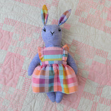 Load image into Gallery viewer, Lucy Bunny Heirloom Doll Purple Linen Rabbit Doll in Vintage Seersucker Fabric Pinafore Dress with Embroidered Face Cloth Doll Art Animal