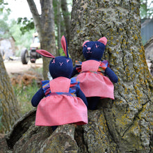 Load image into Gallery viewer, Emma Bunny Heirloom Doll Navy Linen Rabbit Doll in Vintage Red Chambray Fabric Pinafore Dress with Embroidered Face Cloth Doll Art Animal