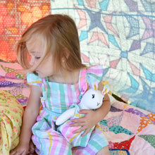 Load image into Gallery viewer, Alice Bunny Heirloom Doll White Linen Rabbit Doll in Vintage Seersucker Fabric Pinafore Dress with Embroidered Face Cloth Doll Art Animal