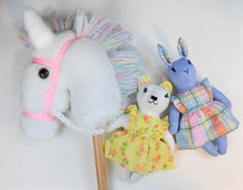 Load image into Gallery viewer, Gracie Bunny Heirloom Doll Blue Linen Rabbit Doll in Vintage Seersucker Fabric Pinafore Dress with Embroidered Face Cloth Doll Art Animal