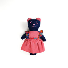 Load image into Gallery viewer, Anna Bear Heirloom Doll Navy Linen Bear Doll in Vintage Red Chambray Fabric Pinafore Dress with Embroidered Face Cloth Doll Art Animal
