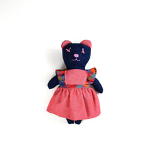 Load image into Gallery viewer, Anna Bear Heirloom Doll Navy Linen Bear Doll in Vintage Red Chambray Fabric Pinafore Dress with Embroidered Face Cloth Doll Art Animal