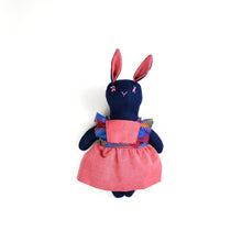Load image into Gallery viewer, Emma Bunny Heirloom Doll Navy Linen Rabbit Doll in Vintage Red Chambray Fabric Pinafore Dress with Embroidered Face Cloth Doll Art Animal
