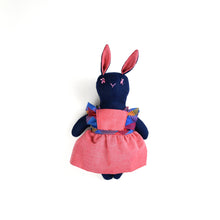 Load image into Gallery viewer, Emma Bunny Heirloom Doll Navy Linen Rabbit Doll in Vintage Red Chambray Fabric Pinafore Dress with Embroidered Face Cloth Doll Art Animal
