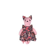 Load image into Gallery viewer, Felicity Cat Heirloom Doll Pink Linen Cat Doll in Vintage Floral Fabric Pinafore Dress with Embroidered Face Cloth Doll Art Doll Animal Doll