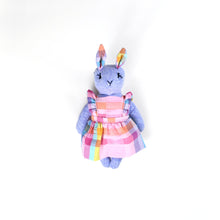 Load image into Gallery viewer, Lucy Bunny Heirloom Doll Purple Linen Rabbit Doll in Vintage Seersucker Fabric Pinafore Dress with Embroidered Face Cloth Doll Art Animal