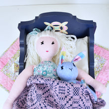 Load image into Gallery viewer, Blue Sleigh Doll Bed with Quilt Block Headboard
