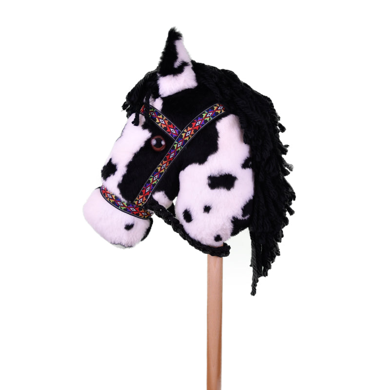 Prairie Ponies - Black & White Paint Stick Horse with Black Tribal Halter - Stick Pony - Hobby Horse