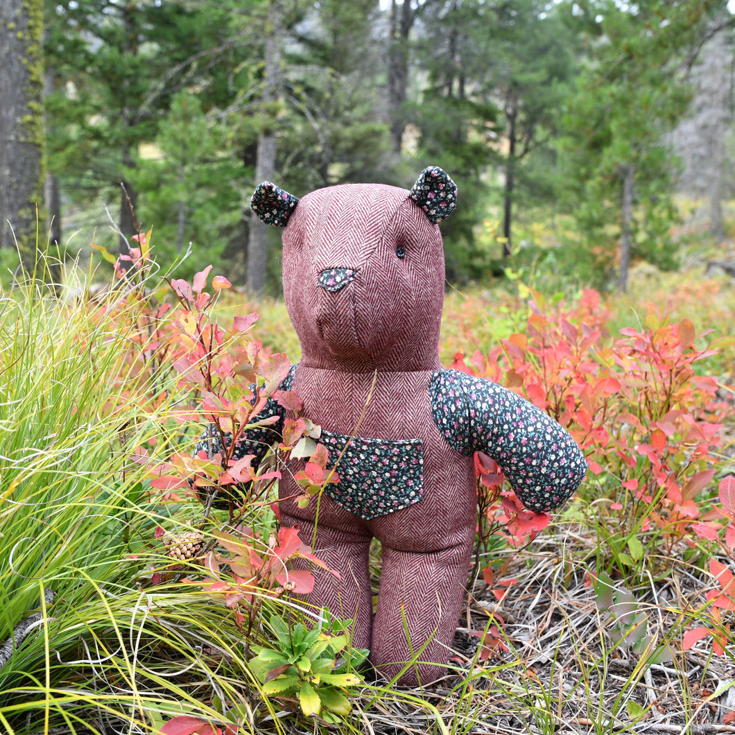 Berry Herringbone Wool with Cotton Floral Keepsake Teddy Bear Stuffed Animal