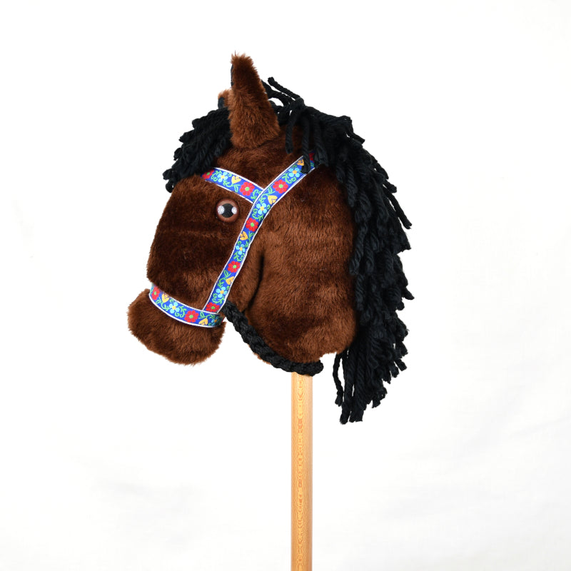 Prairie Ponies - Bay Stick Horse with Floral Folk Halter -Stick Pony- Hobby Horse
