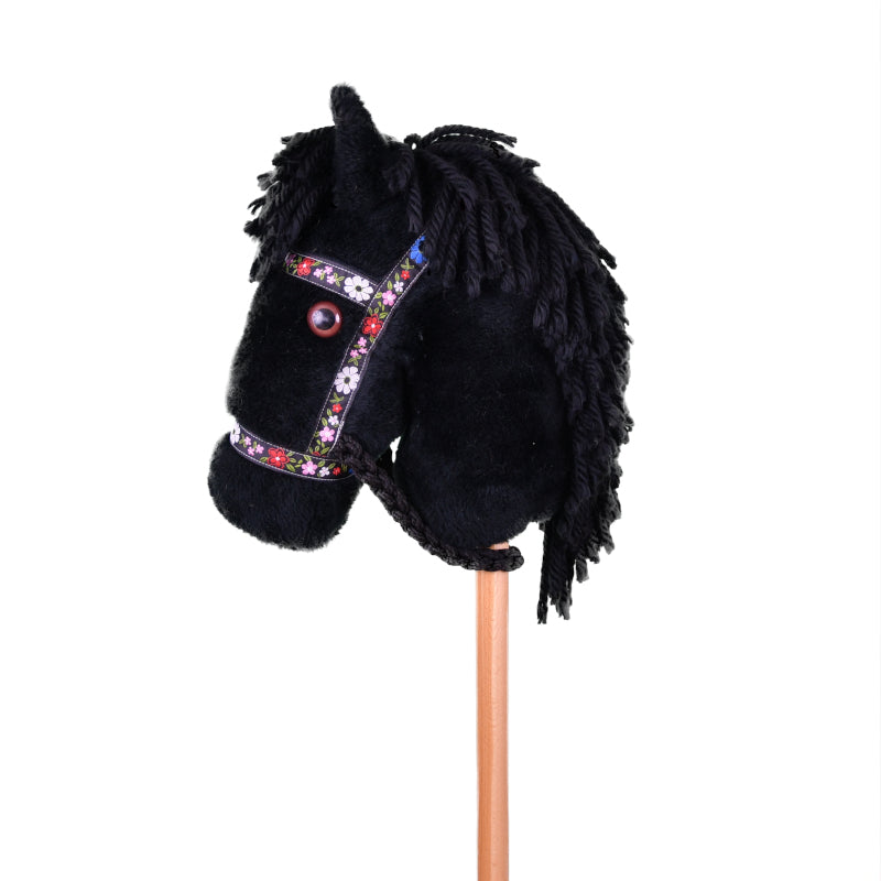 Prairie Ponies - Black Stick Horse with Floral Halter -Stick Pony- Hobby Horse